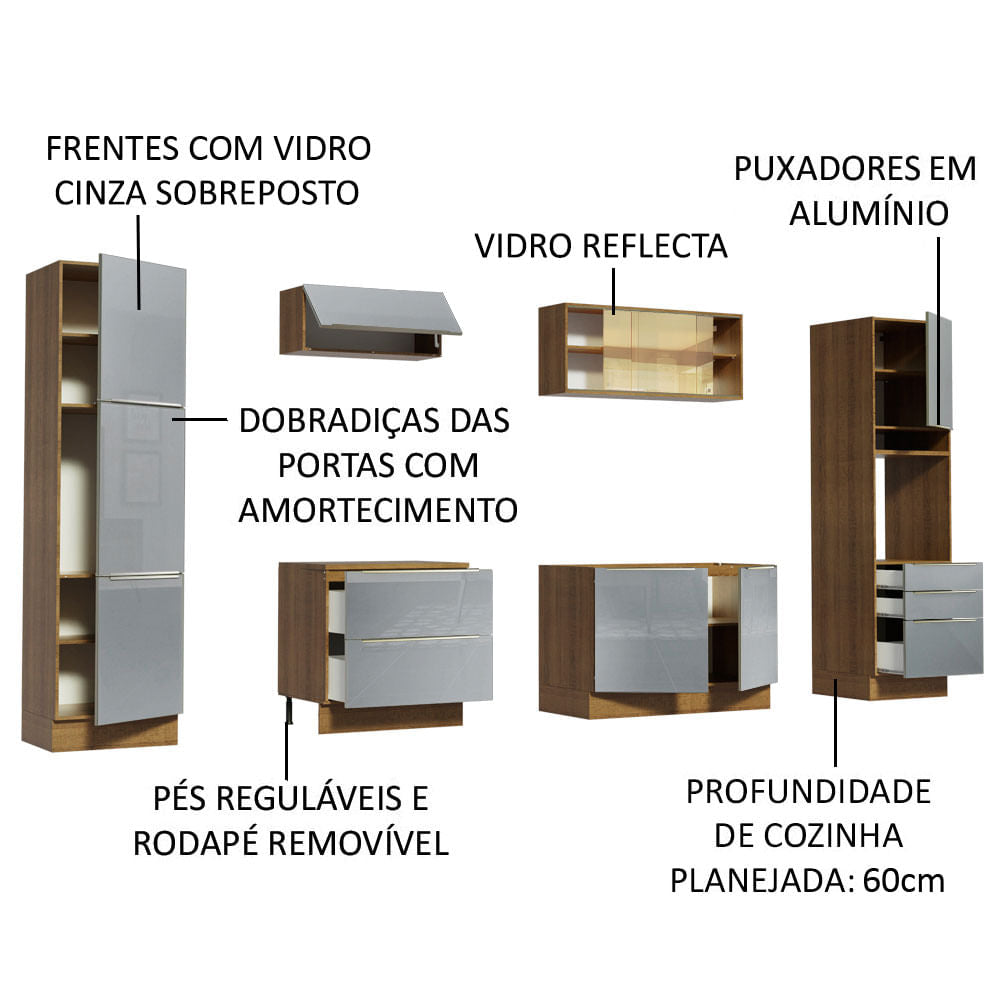 Armário de Cozinha Completa 320cm Rustic/Cinza Lux Madesa 01