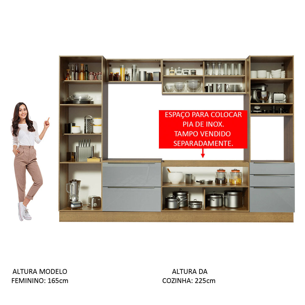 Armário de Cozinha Completa 320cm Rustic/Cinza Lux Madesa 01