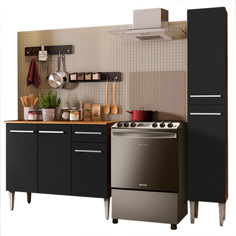 Armário de Cozinha Compacta 137cm Rustic/Preto Emilly Silver Madesa 01