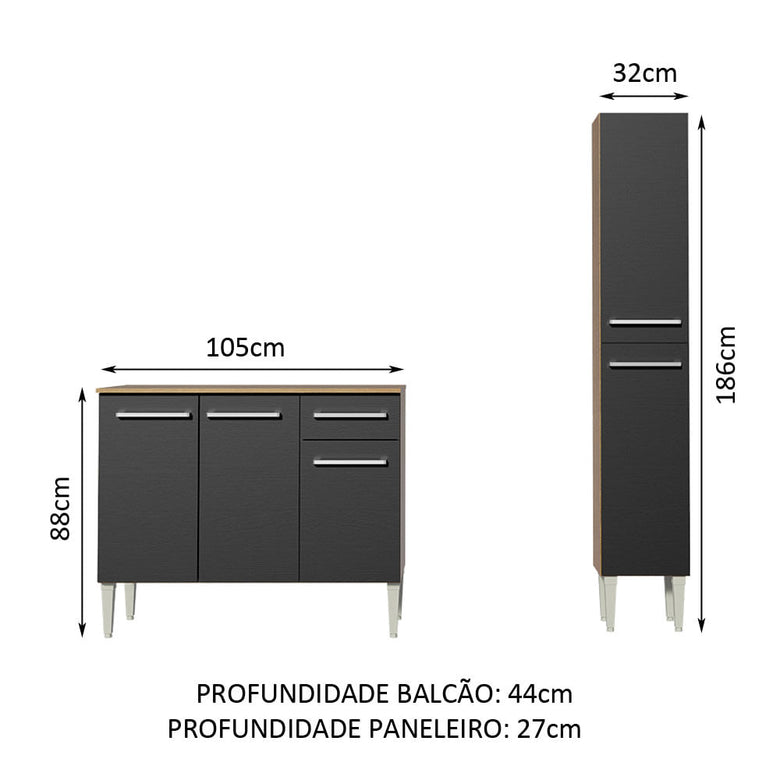 Armário de Cozinha Compacta 137cm Rustic/Preto Emilly Silver Madesa 01