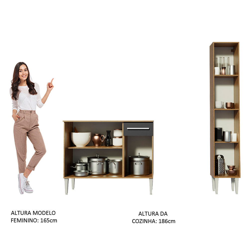 Armário de Cozinha Compacta 137cm Rustic/Preto Emilly Silver Madesa 01