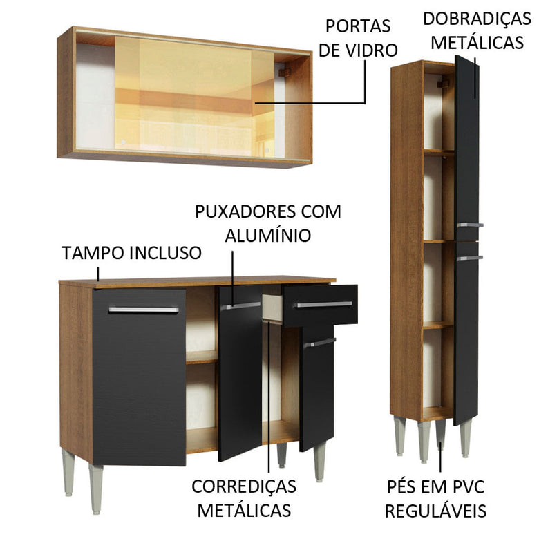 Armário de Cozinha Compacta 137cm Rustic/Preto Emilly Gold Madesa 03