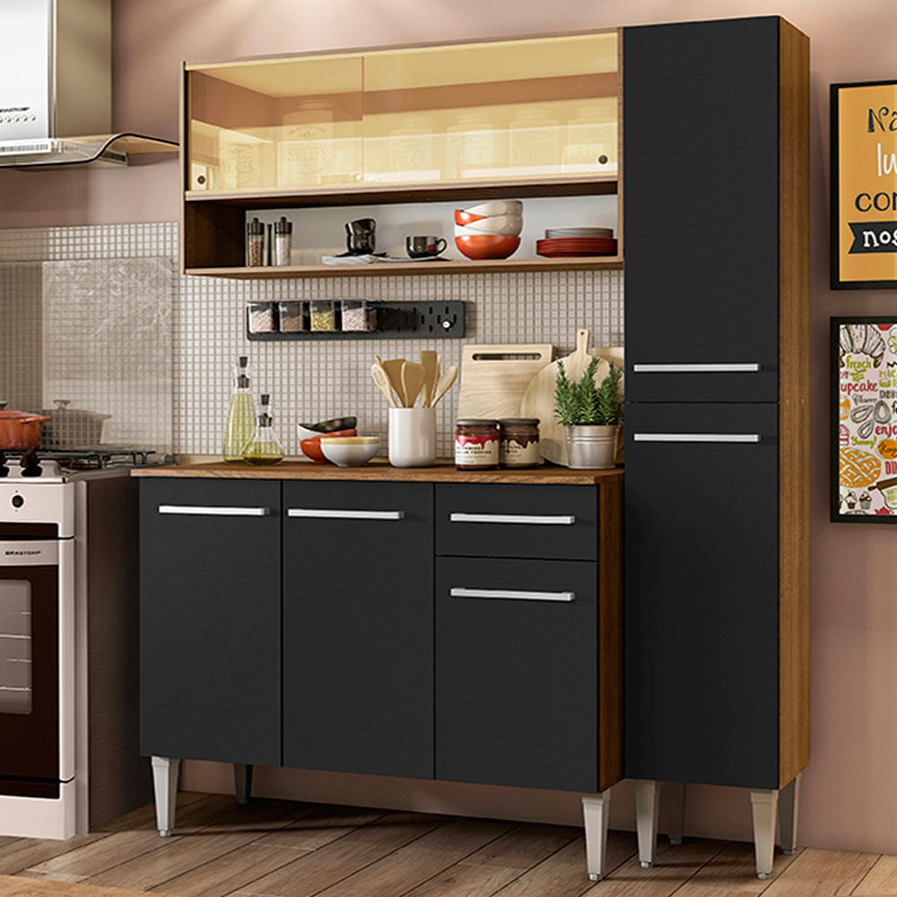 Armário de Cozinha Compacta 137cm Rustic/Preto Emilly Art Madesa 04 - Rustic/Preto