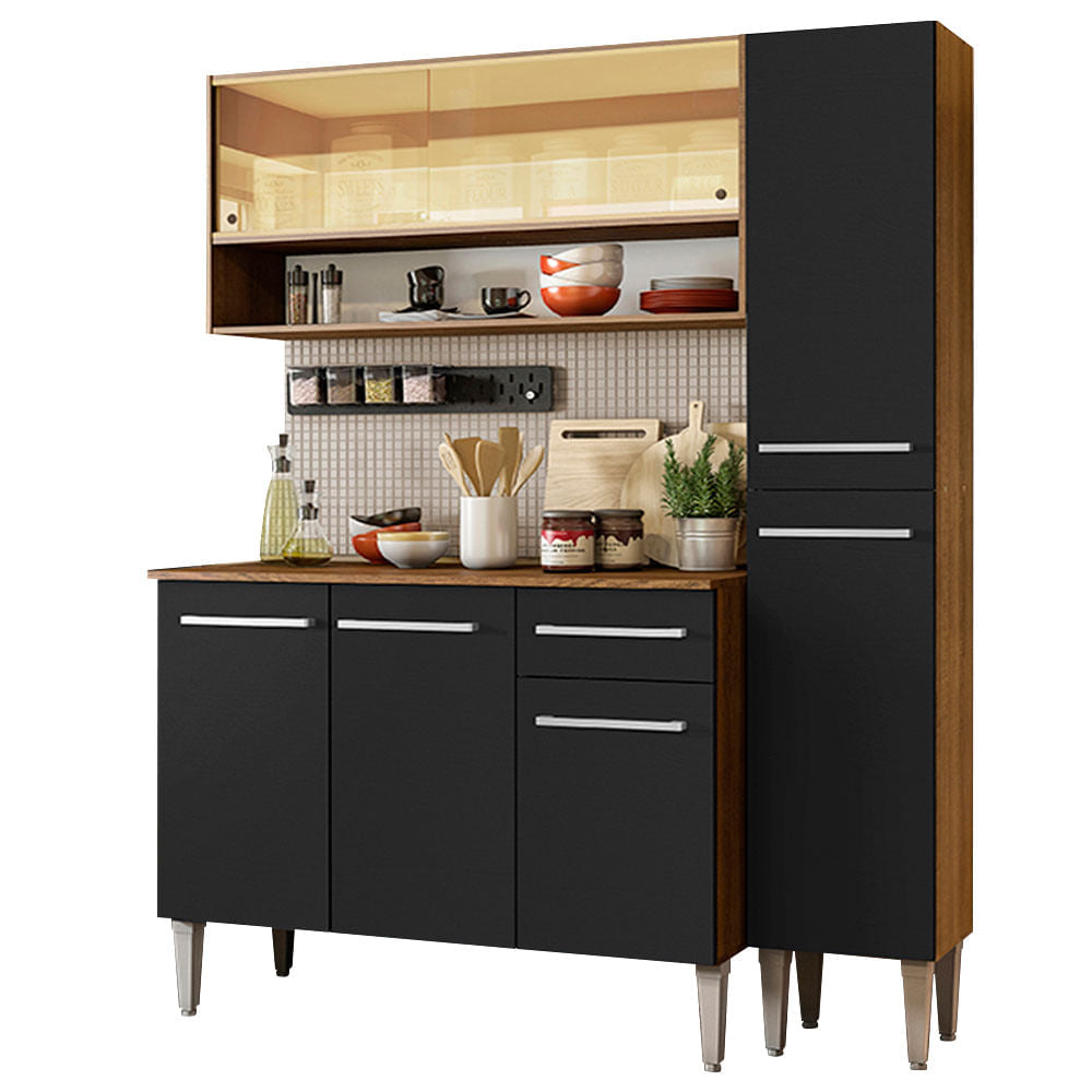 Armário de Cozinha Compacta 137cm Rustic/Preto Emilly Art Madesa 04 - Rustic/Preto