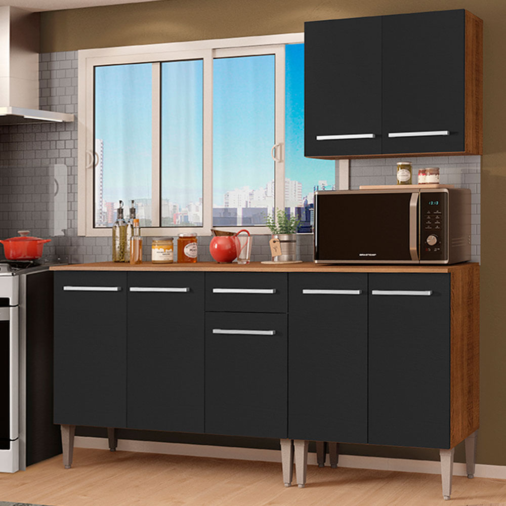 Armário de Cozinha Compacta 169cm Rustic/Preto Emilly Free Madesa 01 - Rustic/Preto