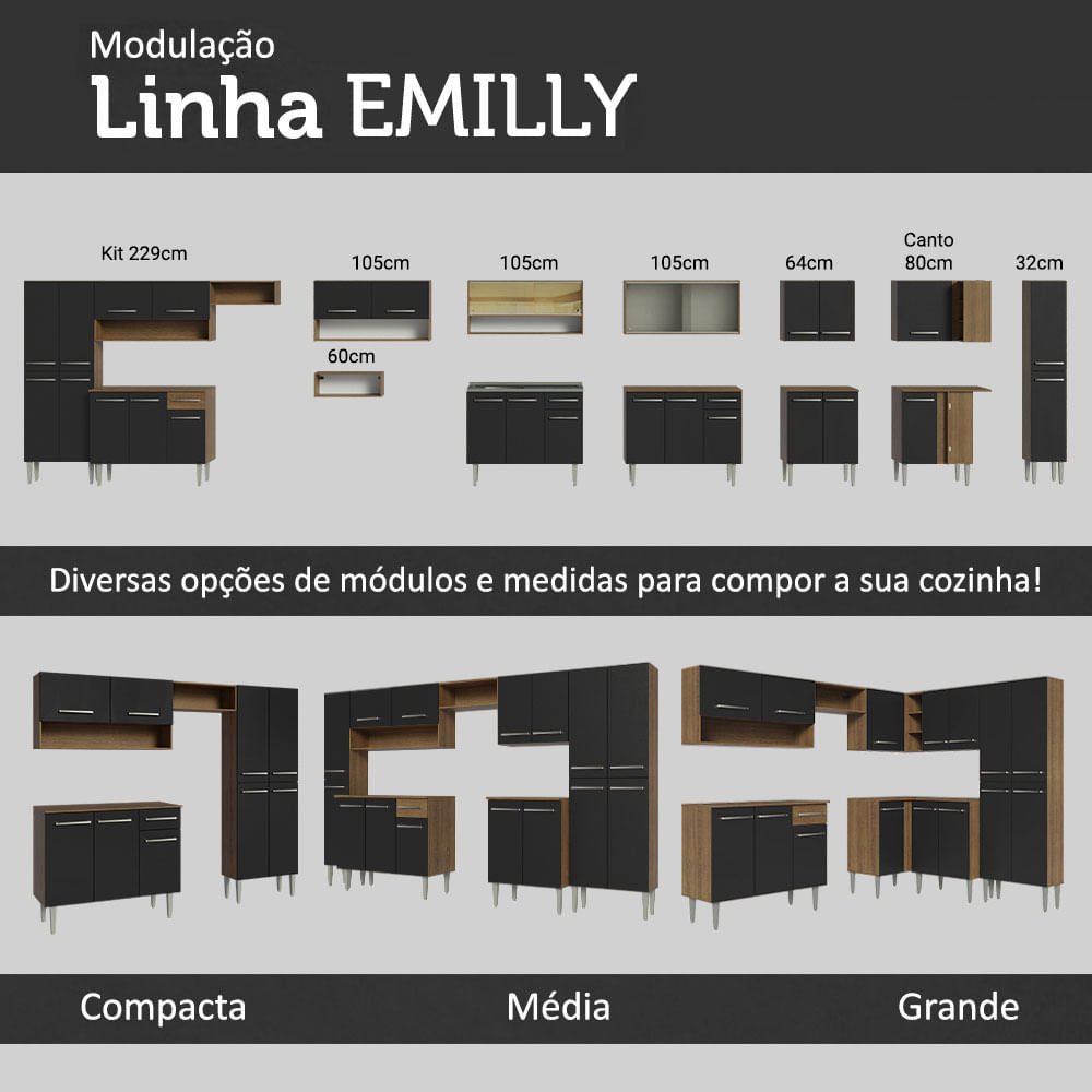 Armário de Cozinha Compacta 169cm Rustic/Preto Emilly Free Madesa 01