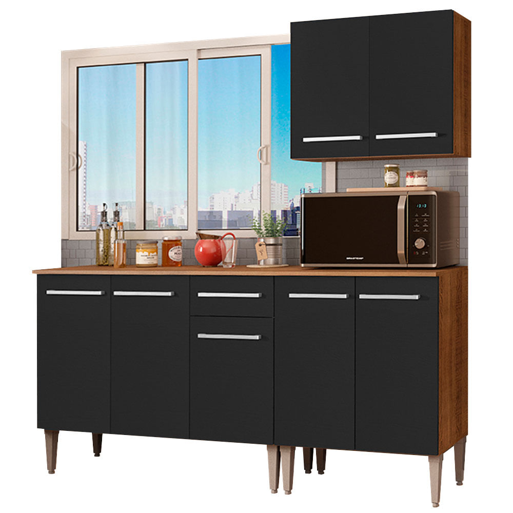 Armário de Cozinha Compacta 169cm Rustic/Preto Emilly Free Madesa 01 - Rustic/Preto