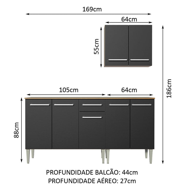 Armário de Cozinha Compacta 169cm Rustic/Preto Emilly Free Madesa 01