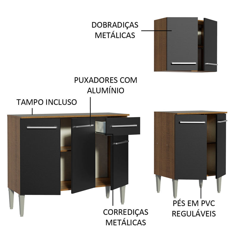 Armário de Cozinha Compacta 169cm Rustic/Preto Emilly Free Madesa 01