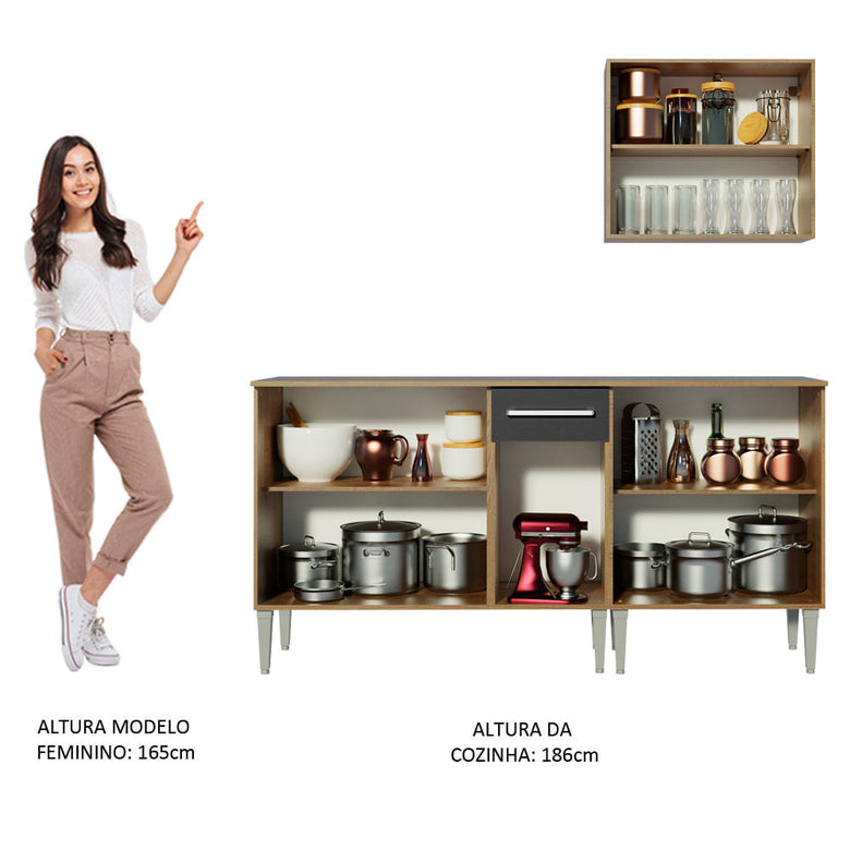 Armário de Cozinha Compacta 169cm Rustic/Preto Emilly Free Madesa 01