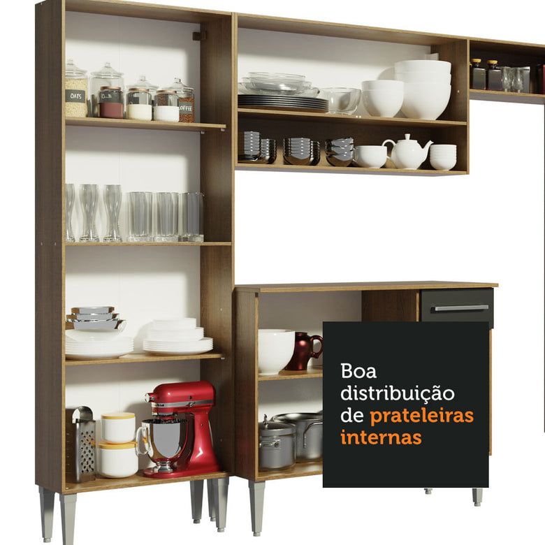 Armário de Cozinha Compacta 169cm Rustic/Preto Emilly Free Madesa 01