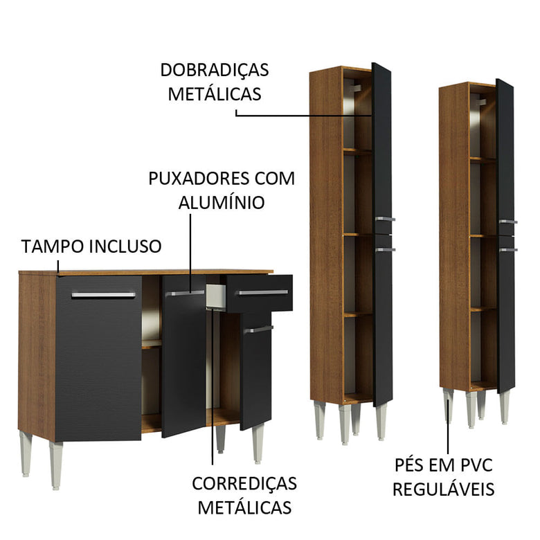 Armário de Cozinha Compacta 169cm Rustic/Preto Emilly Front Madesa 02