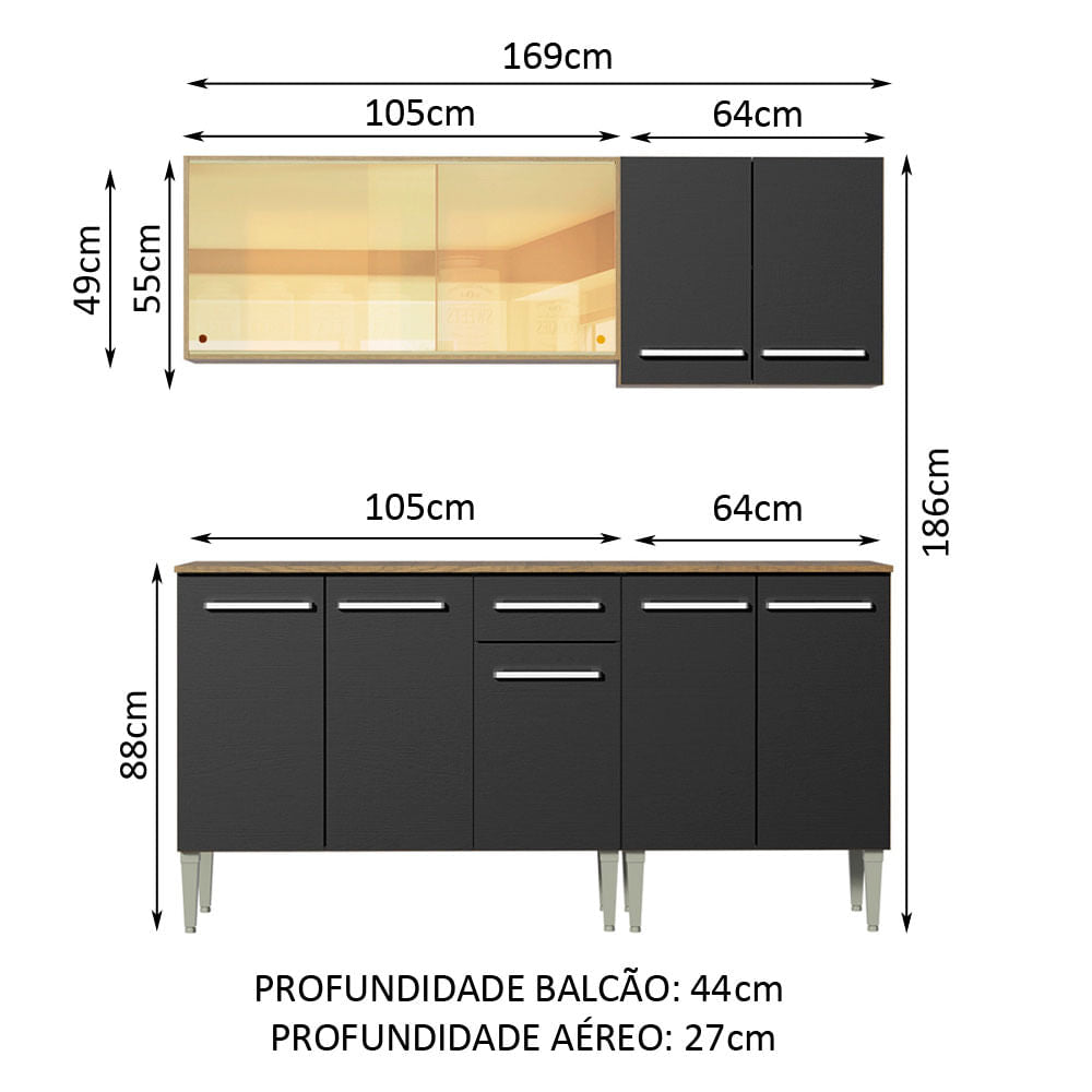 Armário de Cozinha Completa 169cm Rustic/Preto Emilly Drive Madesa 04