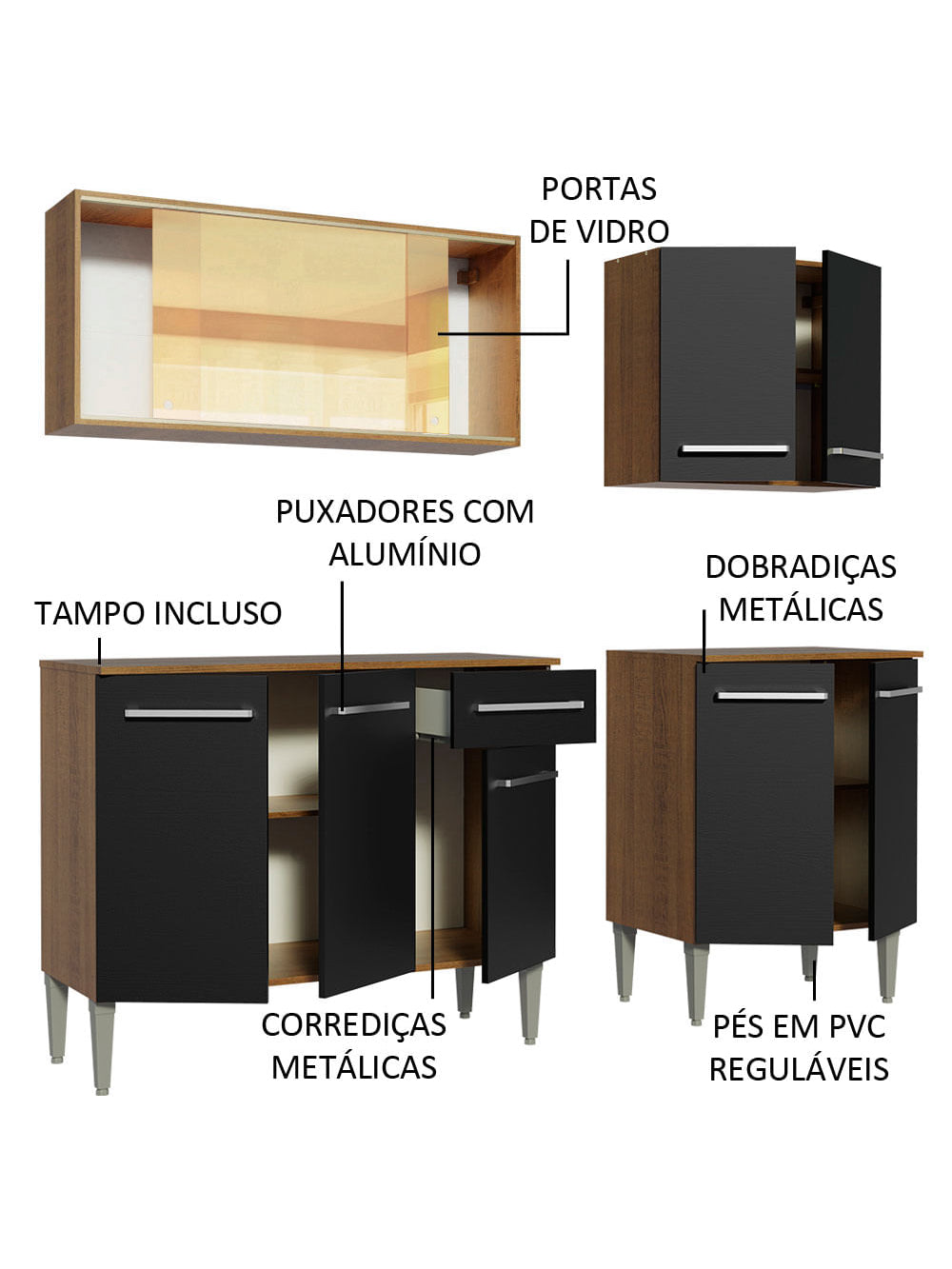 Armário de Cozinha Completa 169cm Rustic/Preto Emilly Drive Madesa 04