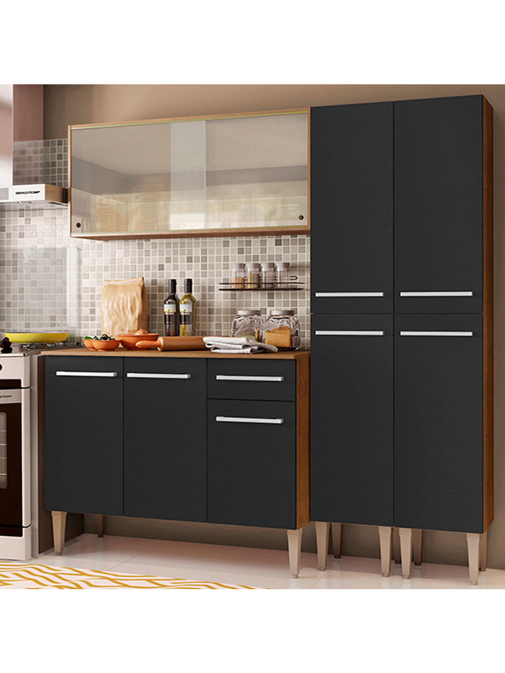 Armário de Cozinha Completa 169cm Rustic/Preto Emilly Fly Madesa 05 - Rustic/Preto