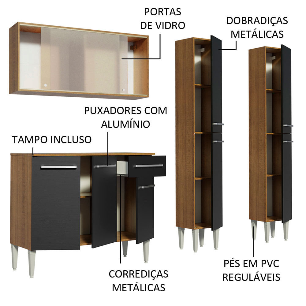 Armário de Cozinha Completa 169cm Rustic/Preto Emilly Fly Madesa 05