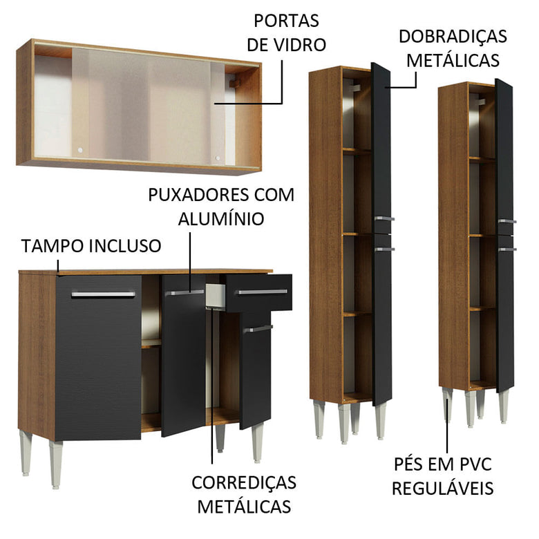 Armário de Cozinha Completa 169cm Rustic/Preto Emilly Fly Madesa 05