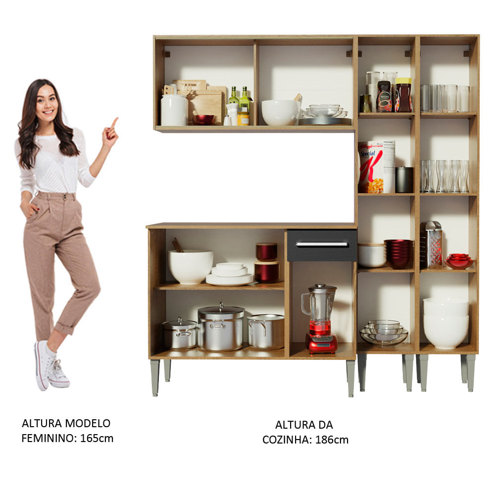 Armário de Cozinha Completa 169cm Rustic/Preto Emilly Fly Madesa 05