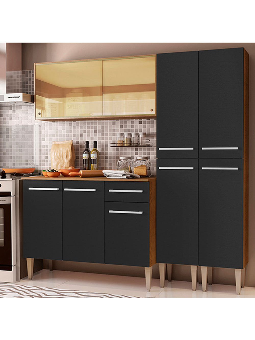 Armário de Cozinha Completa 169cm Rustic/Preto Emilly Voice Madesa 06 - Rustic/Preto