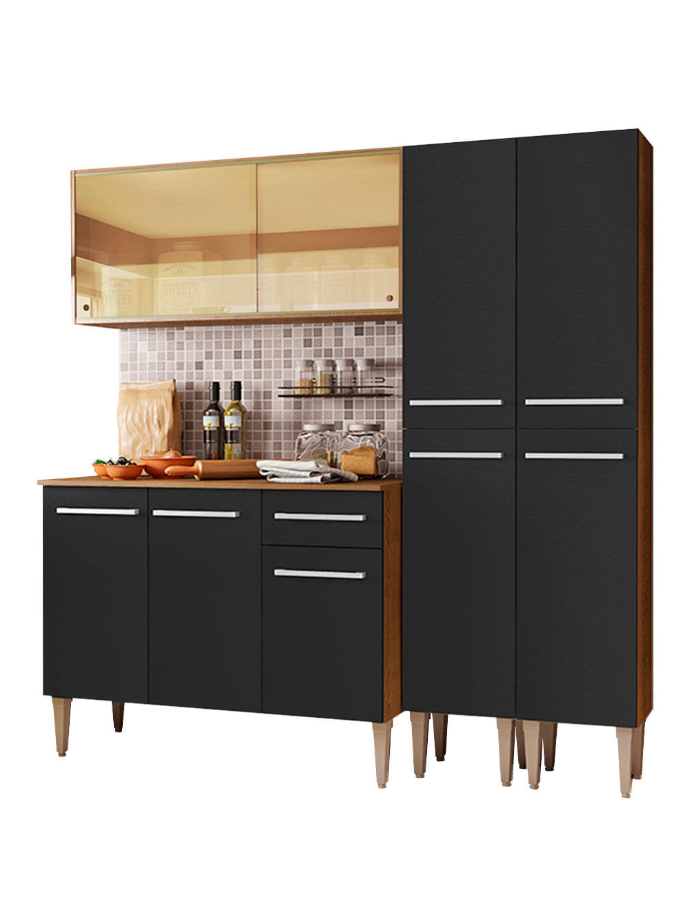 Armário de Cozinha Completa 169cm Rustic/Preto Emilly Voice Madesa 06 - Rustic/Preto