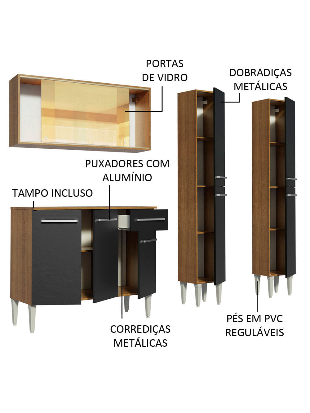 Armário de Cozinha Completa 169cm Rustic/Preto Emilly Voice Madesa 06