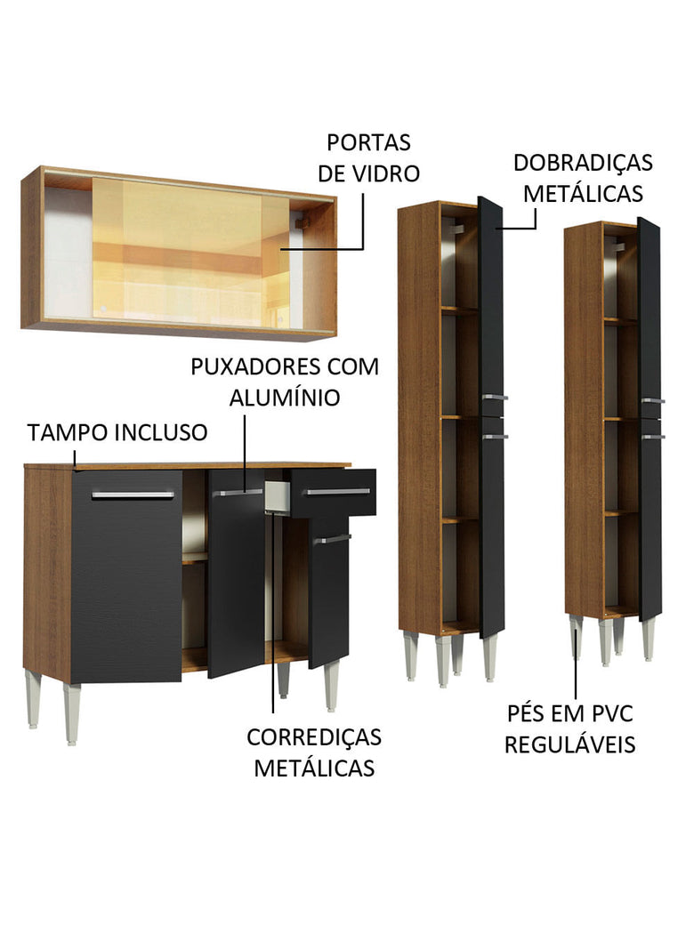 Armário de Cozinha Completa 169cm Rustic/Preto Emilly Voice Madesa 06