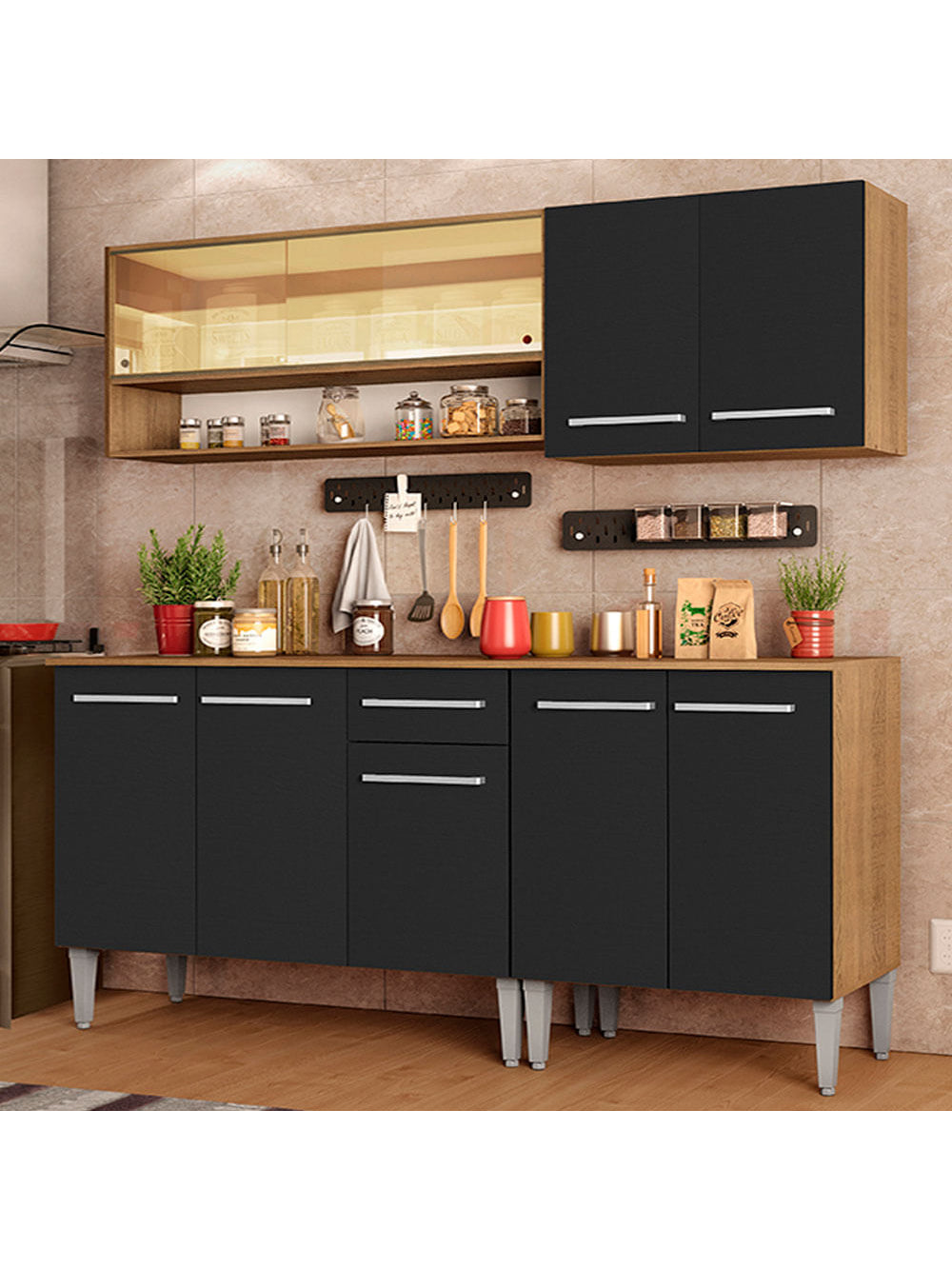 Armário de Cozinha Completa 169cm Rustic/Preto Emilly Dance Madesa 07 - Rustic/Preto