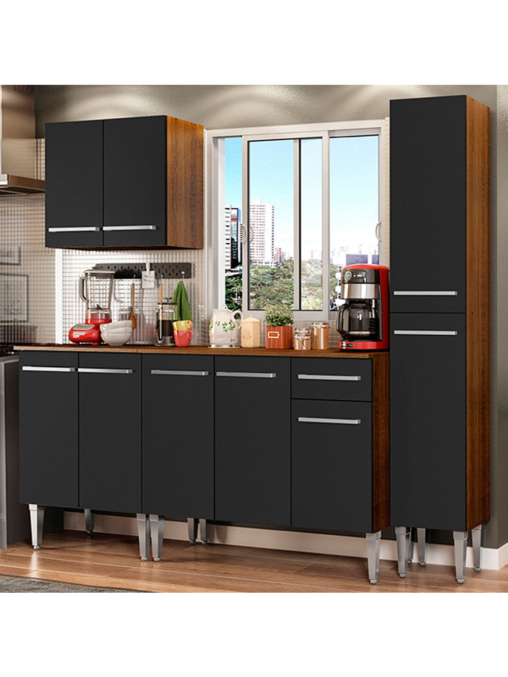 Armário de Cozinha Completa 201cm Rustic/Preto Emilly Sing Madesa 01 - Rustic/Preto
