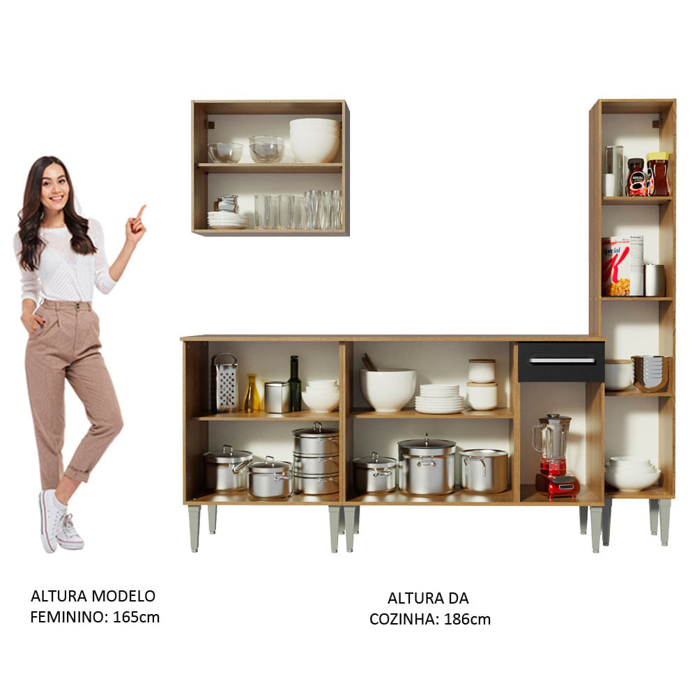 Armário de Cozinha Completa 201cm Rustic/Preto Emilly Sing Madesa 01
