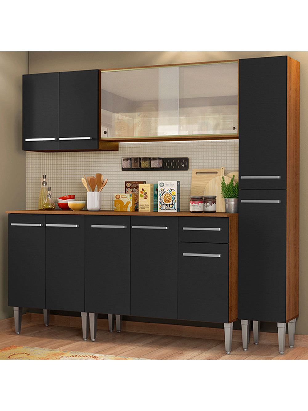 Armário de Cozinha Completa 201cm Rustic/Preto Emilly Fast Madesa 02 - Rustic/Preto