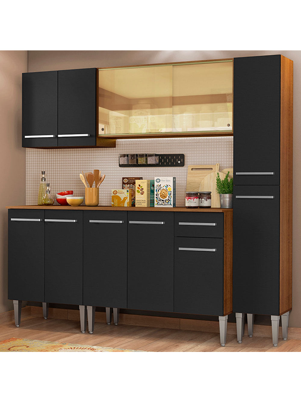Armário de Cozinha Completa 201cm Rustic/Preto Emilly West Madesa 03 - Rustic/Preto