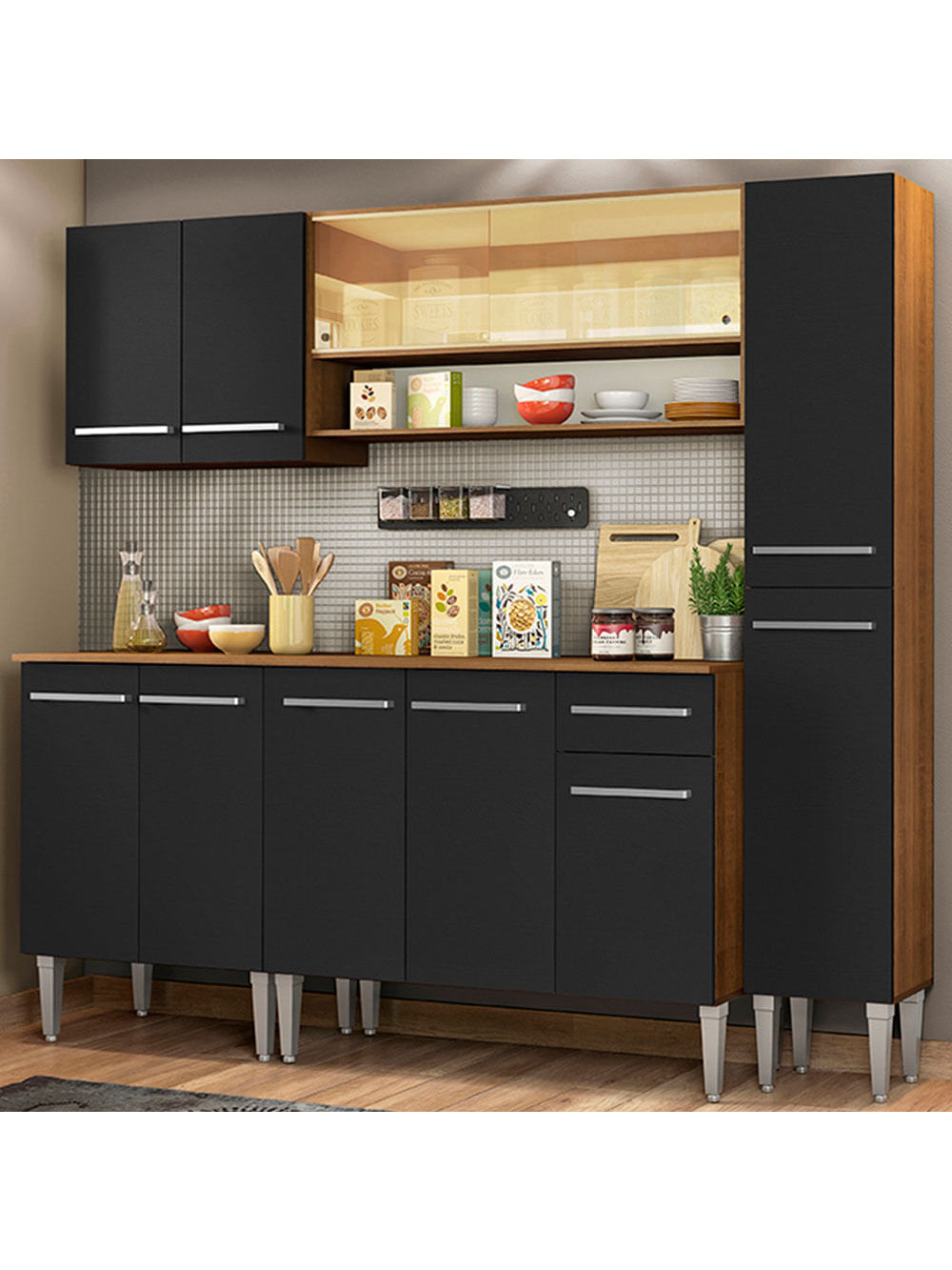 Armário de Cozinha Completa 201cm Rustic/Preto Emilly Sky Madesa 04 - Rustic/Preto