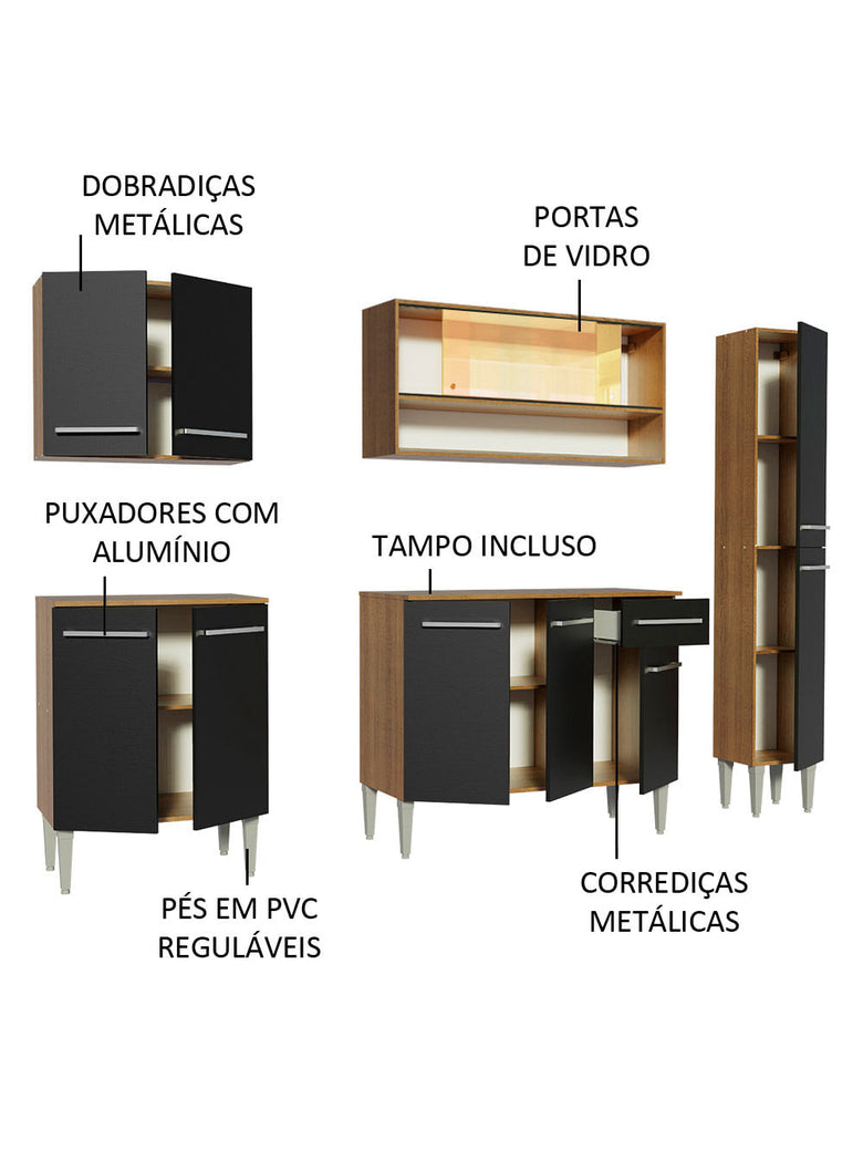 Armário de Cozinha Completa 201cm Rustic/Preto Emilly Sky Madesa 04