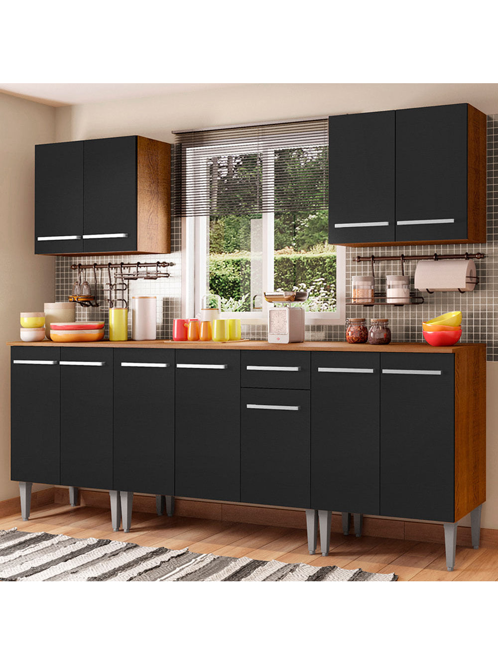 Armário de Cozinha Completa 233cm Rustic/Preto Emilly King Madesa 01 - Rustic/Preto