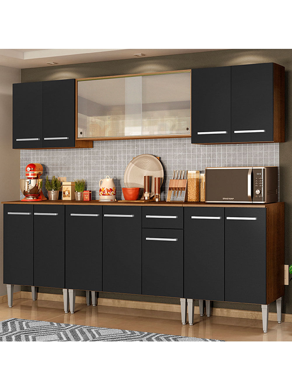 Armário de Cozinha Completa 233cm Rustic/Preto Emilly Wind Madesa 02 - Rustic/Preto