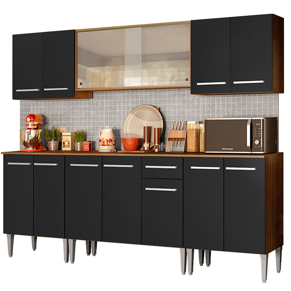 Armário de Cozinha Completa 233cm Rustic/Preto Emilly Wind Madesa 02 - Rustic/Preto