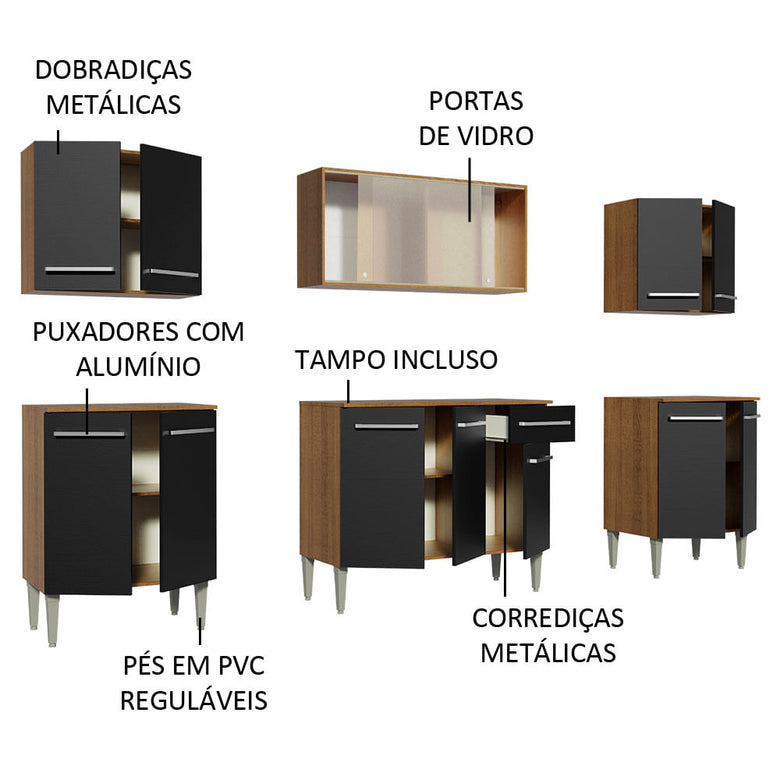 Armário de Cozinha Completa 233cm Rustic/Preto Emilly Wind Madesa 02