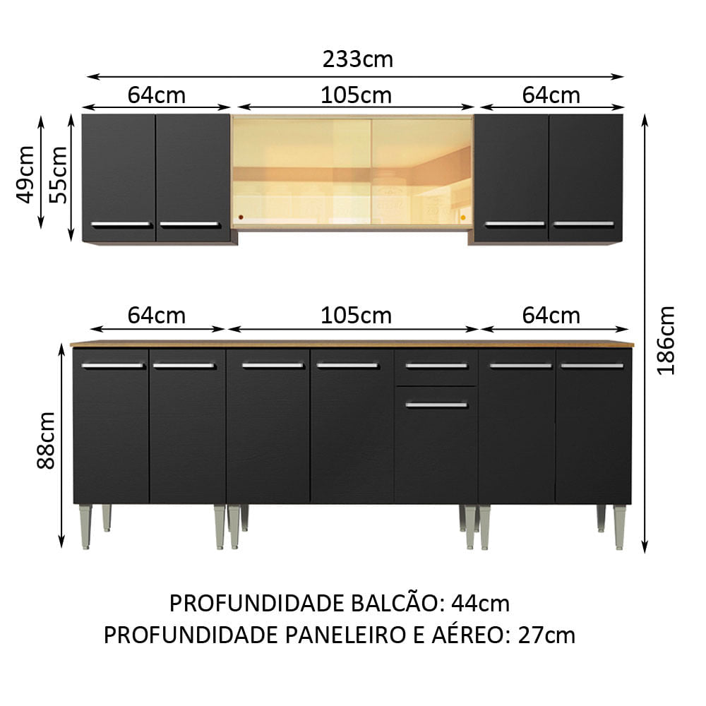 Armário de Cozinha Completa 233cm Rustic/Preto Emilly Fire Madesa 03
