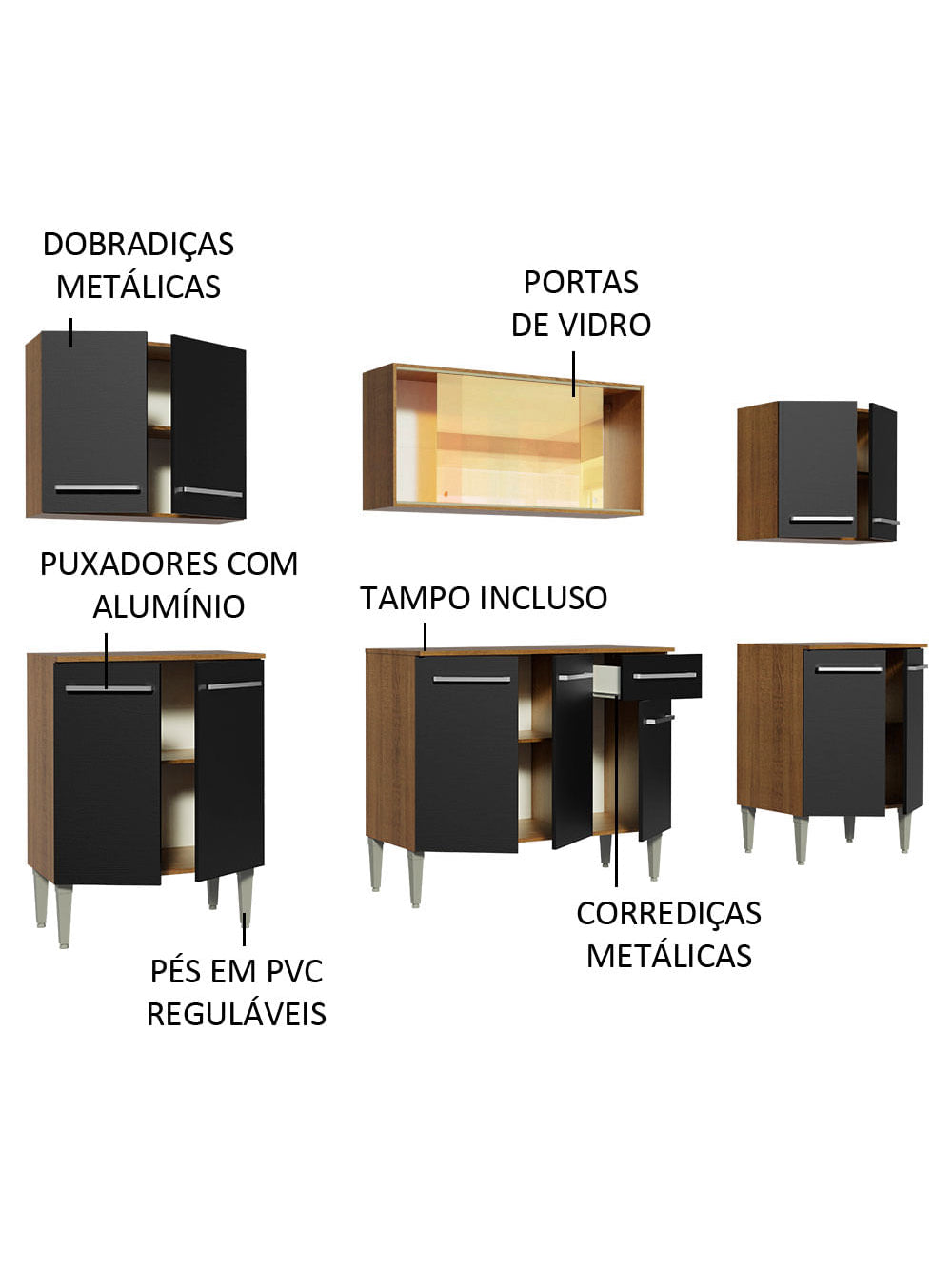 Armário de Cozinha Completa 233cm Rustic/Preto Emilly Fire Madesa 03