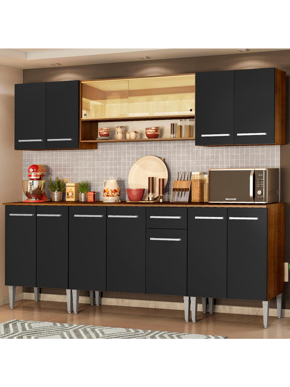 Armário de Cozinha Completa 233cm Rustic/Preto Emilly Smile Madesa 04 - Rustic/Preto