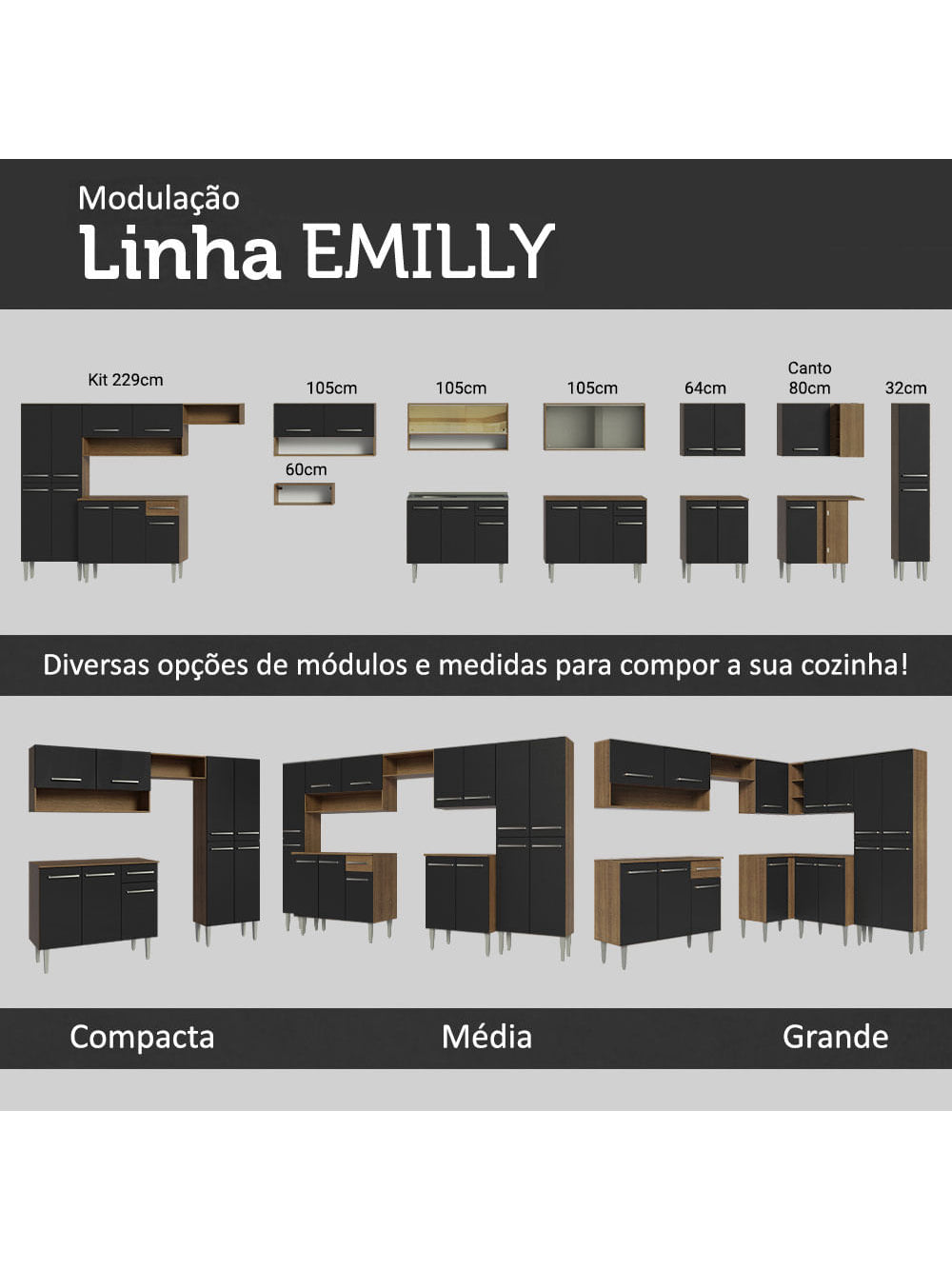 Armário de Cozinha Completa 233cm Rustic/Preto Emilly Smile Madesa 04