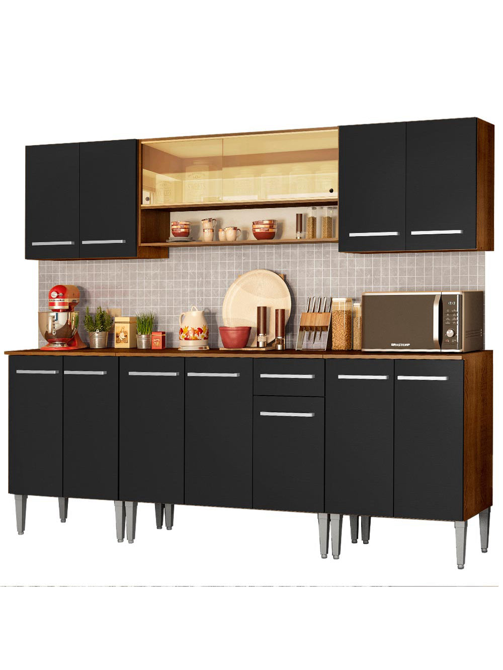 Armário de Cozinha Completa 233cm Rustic/Preto Emilly Smile Madesa 04 - Rustic/Preto