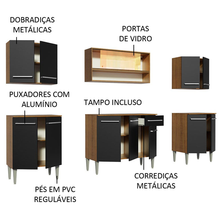 Armário de Cozinha Completa 233cm Rustic/Preto Emilly Smile Madesa 04