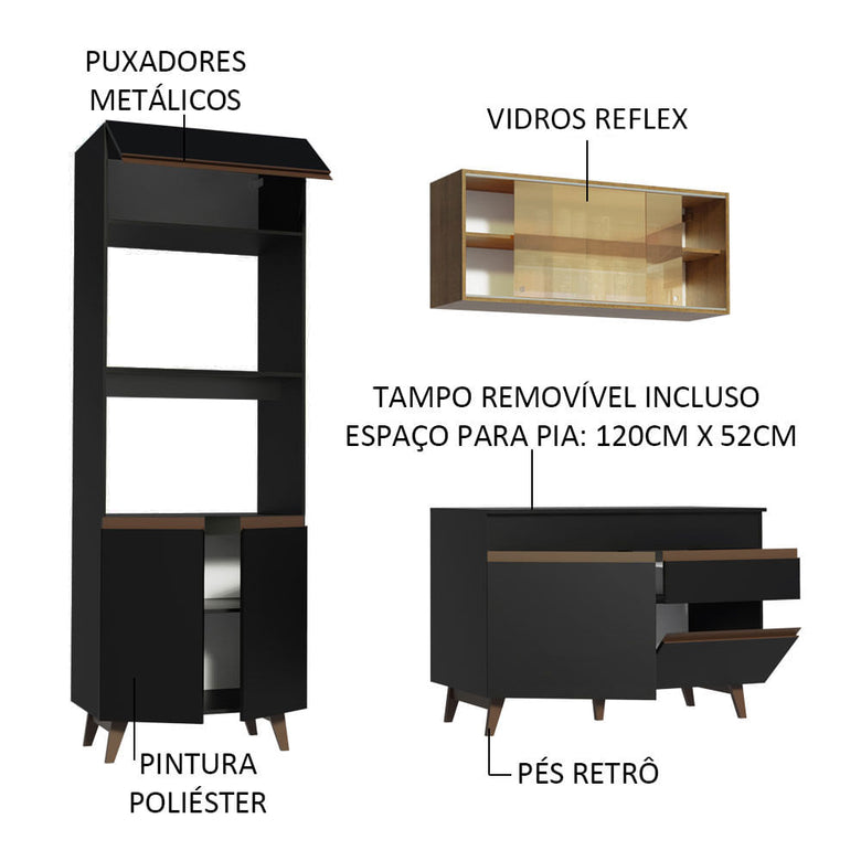 Armário de Cozinha Compacta 190cm Preto/Rustic Reims Madesa 02