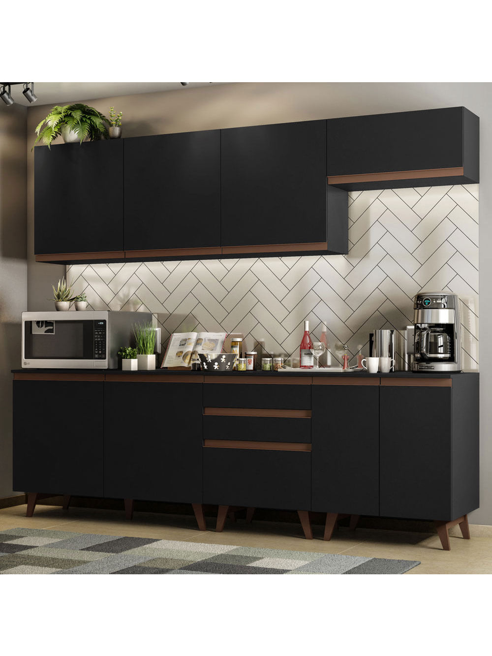 Armário de Cozinha Completa 250cm Preto Reims Madesa 01 - Preto