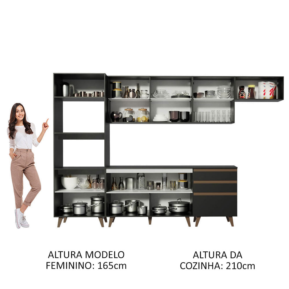 Armário de Cozinha Completa 320cm Preto Reims Madesa 01