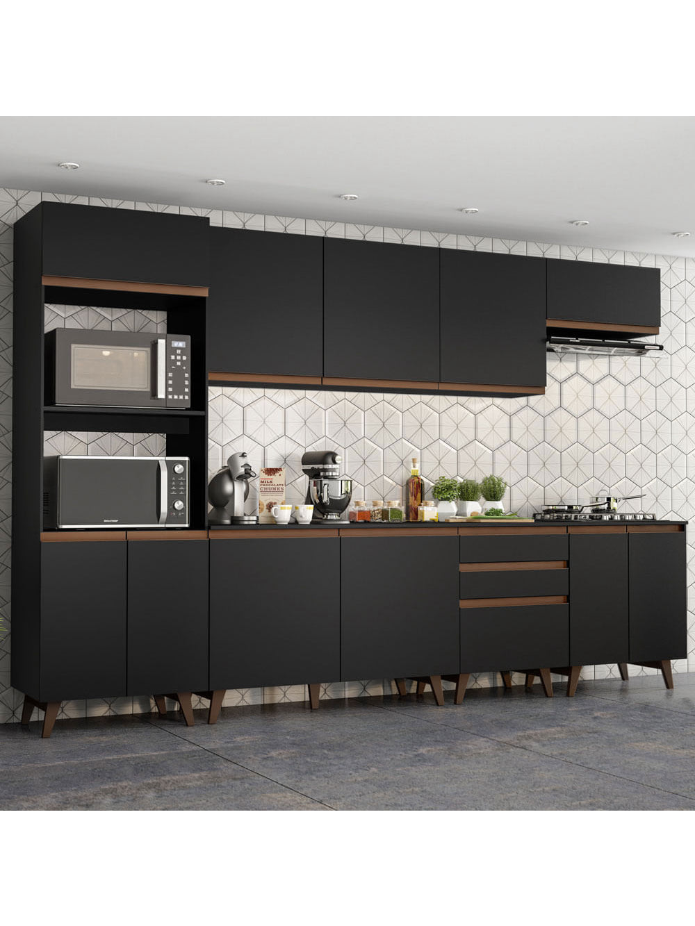 Armário de Cozinha Completa 320cm Preto Reims Madesa 02 - Preto