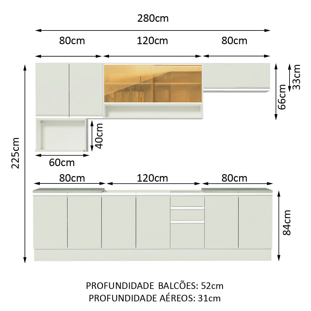 Armário de Cozinha Completa 280cm Branco Genova Madesa 04