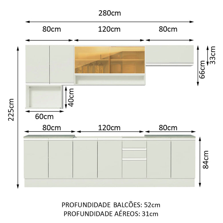 Armário de Cozinha Completa 280cm Branco Genova Madesa 04