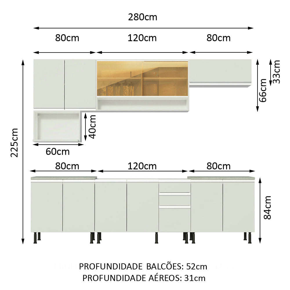 Armário de Cozinha Completa 280cm Branco Genova Madesa XASR